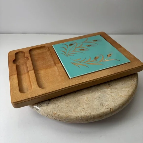 Vintage Mid Century Modern Wheat Design Serving Tray with Turquoise Tile - Picture 7 of 13